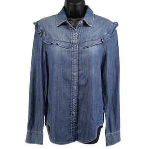 AG Adriano Goldschmied Blue Chambray Ruffle Western Snap Shirt Sz S NWOT Sample
